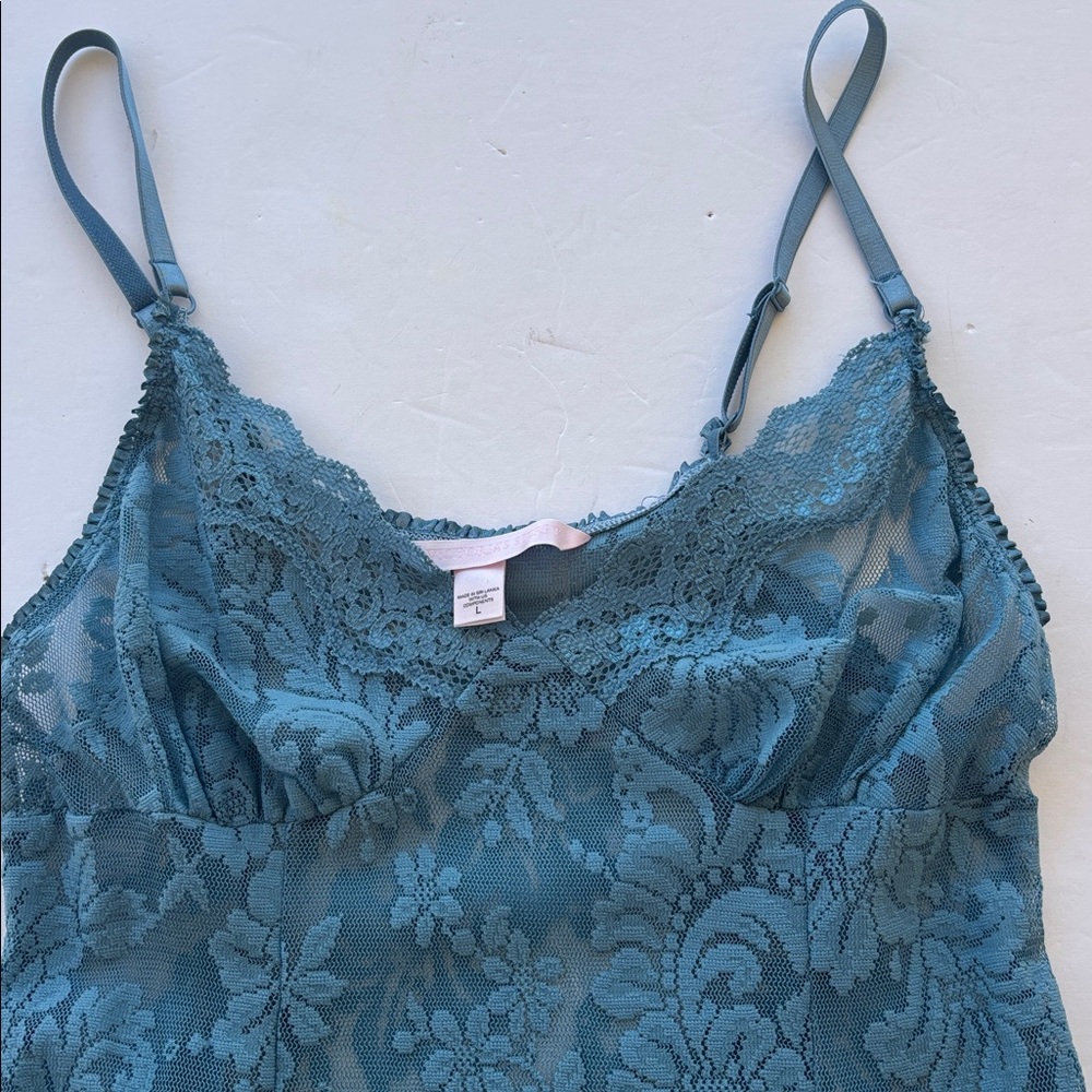 Y2K Victoria’s Secret Lace Mini Dress Naked Blue Bridal Slip L Chamise Teddy Hot - Picture 6 of 17